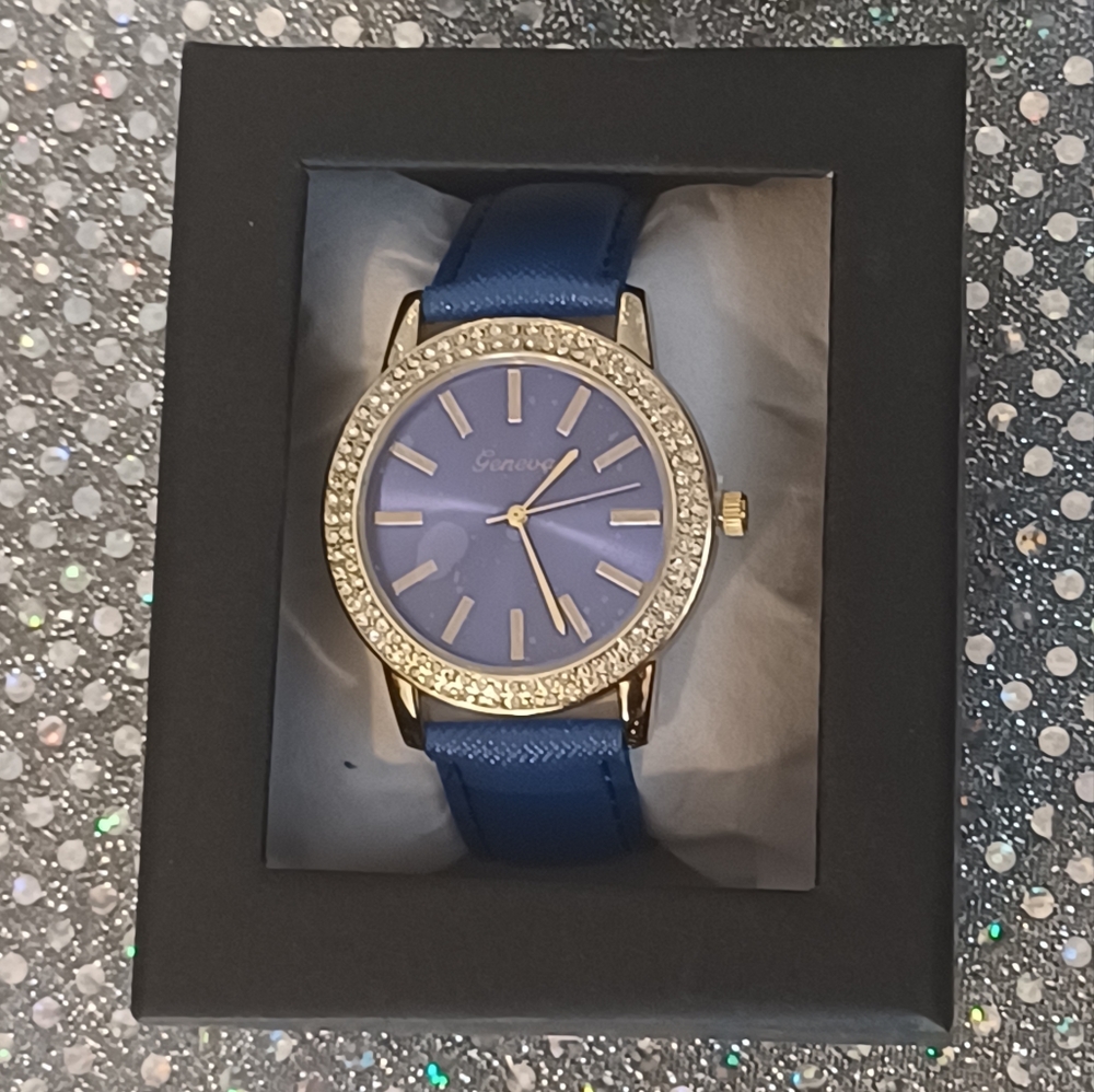 NWT Geneva Blue Gold and Crystal Face Watch